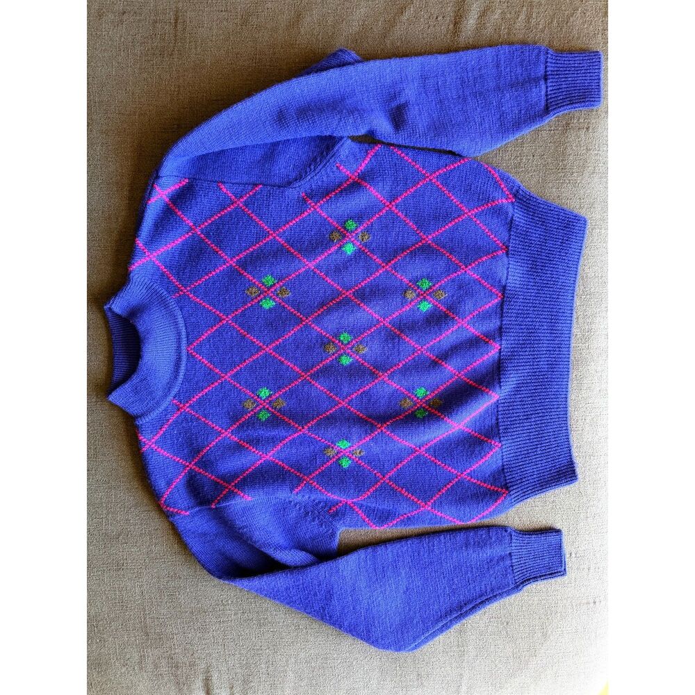 Liz Claiborne Vintage Blue Pink Merino Wool Argyle Knit Sweater Size Medium